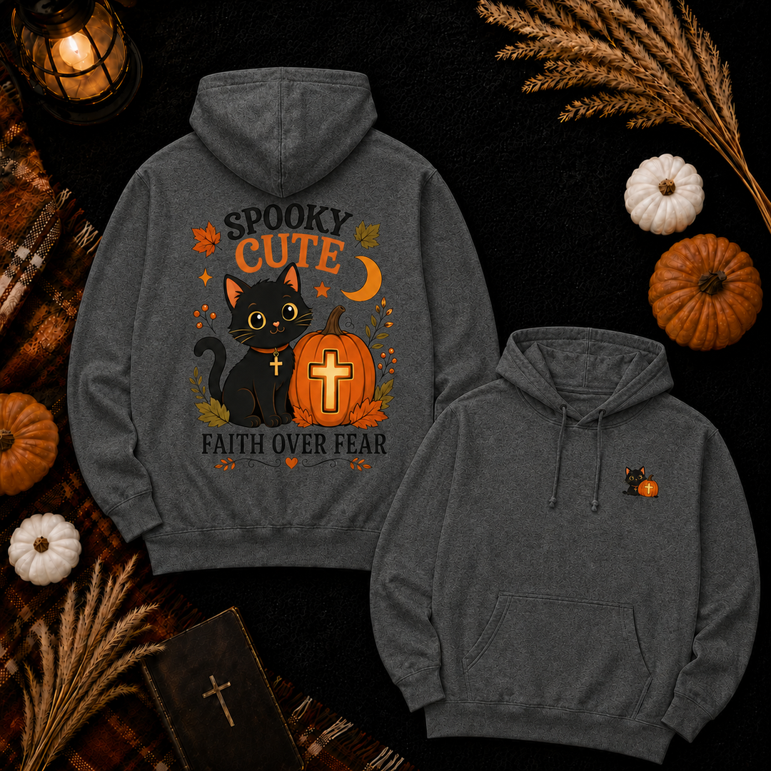 Halloween Black Cat Hoodie — "Spooky Cute" Faith Over Fear Pumpkin Design