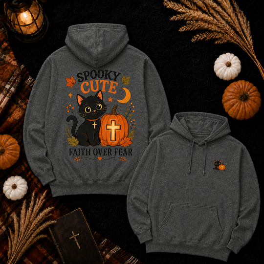 Halloween Black Cat Hoodie — "Spooky Cute" Faith Over Fear Pumpkin Design
