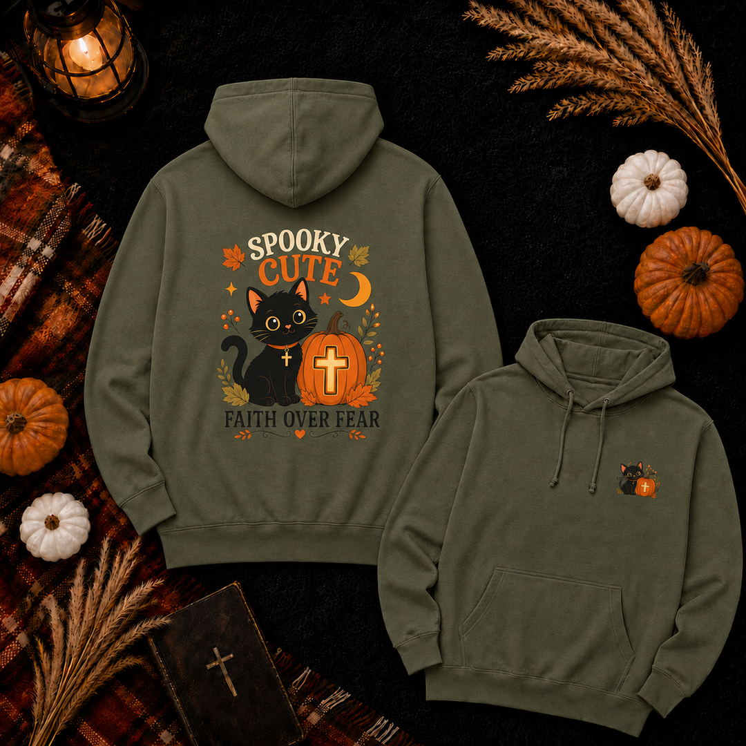 Halloween Black Cat Hoodie — "Spooky Cute" Faith Over Fear Pumpkin Design