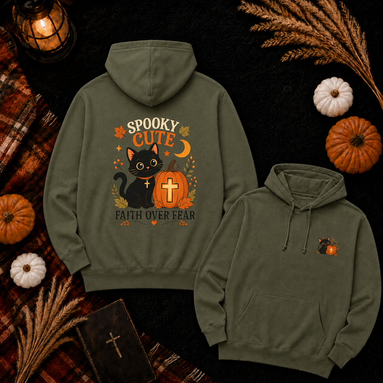Halloween Black Cat Hoodie — "Spooky Cute" Faith Over Fear Pumpkin Design