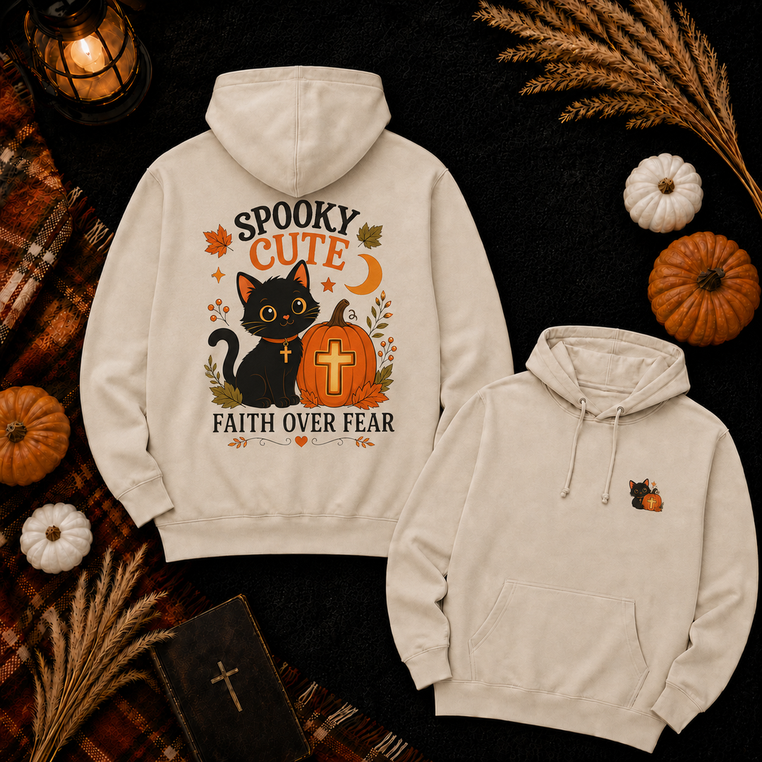 Halloween Black Cat Hoodie — "Spooky Cute" Faith Over Fear Pumpkin Design