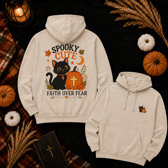 Halloween Black Cat Hoodie — "Spooky Cute" Faith Over Fear Pumpkin Design