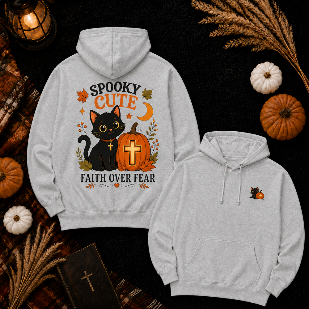 Halloween Black Cat Hoodie — "Spooky Cute" Faith Over Fear Pumpkin Design