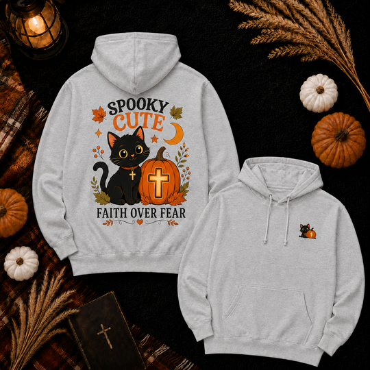 Halloween Black Cat Hoodie — "Spooky Cute" Faith Over Fear Pumpkin Design
