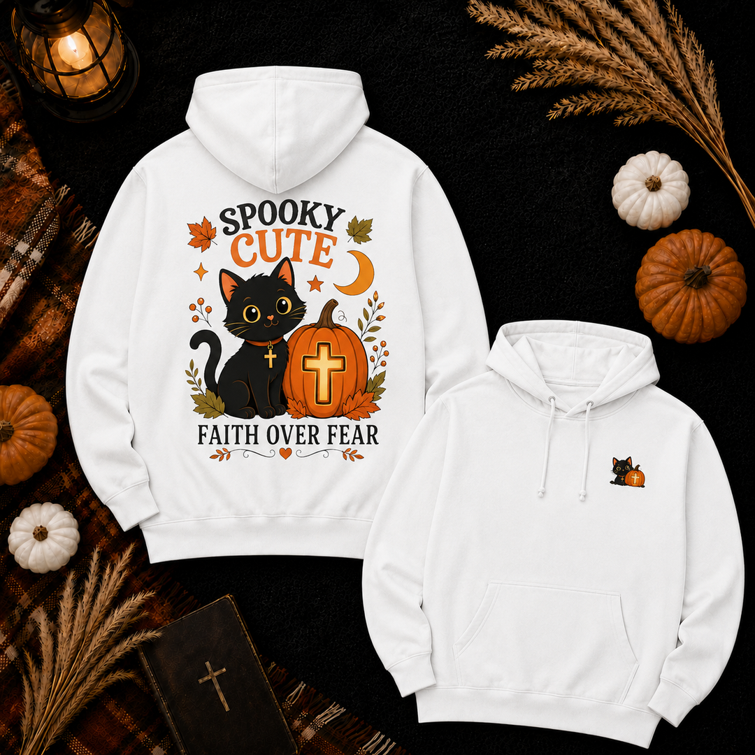 Halloween Black Cat Hoodie — "Spooky Cute" Faith Over Fear Pumpkin Design