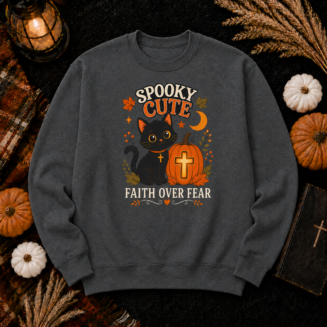 Spooky Cute Cat Crewneck Sweatshirt — "Faith Over Fear" Halloween Graphic
