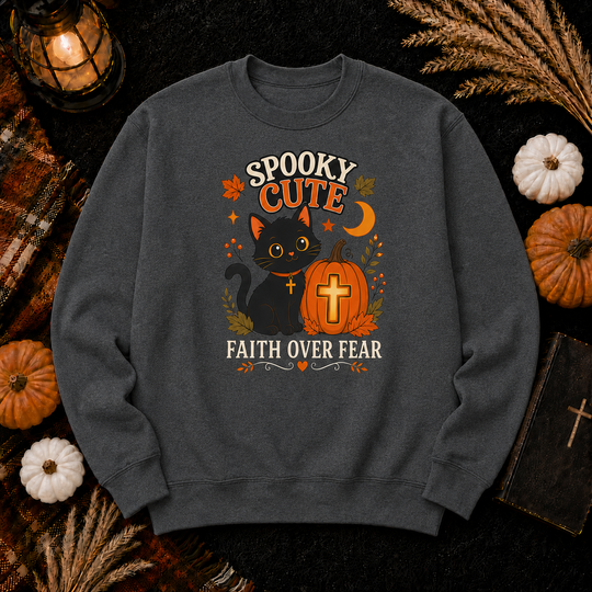 Spooky Cute Cat Crewneck Sweatshirt — "Faith Over Fear" Halloween Graphic