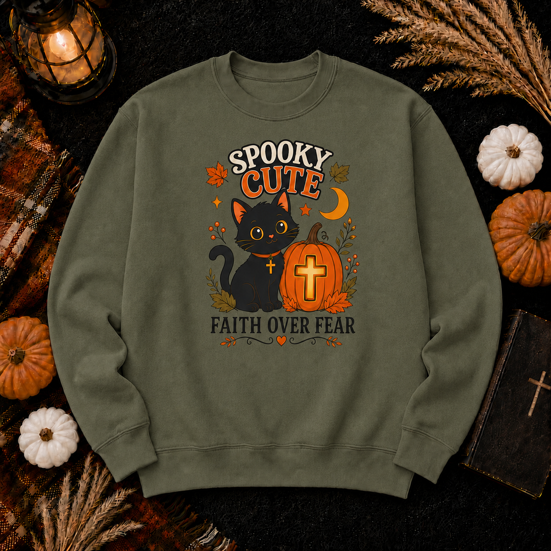 Spooky Cute Cat Crewneck Sweatshirt — "Faith Over Fear" Halloween Graphic