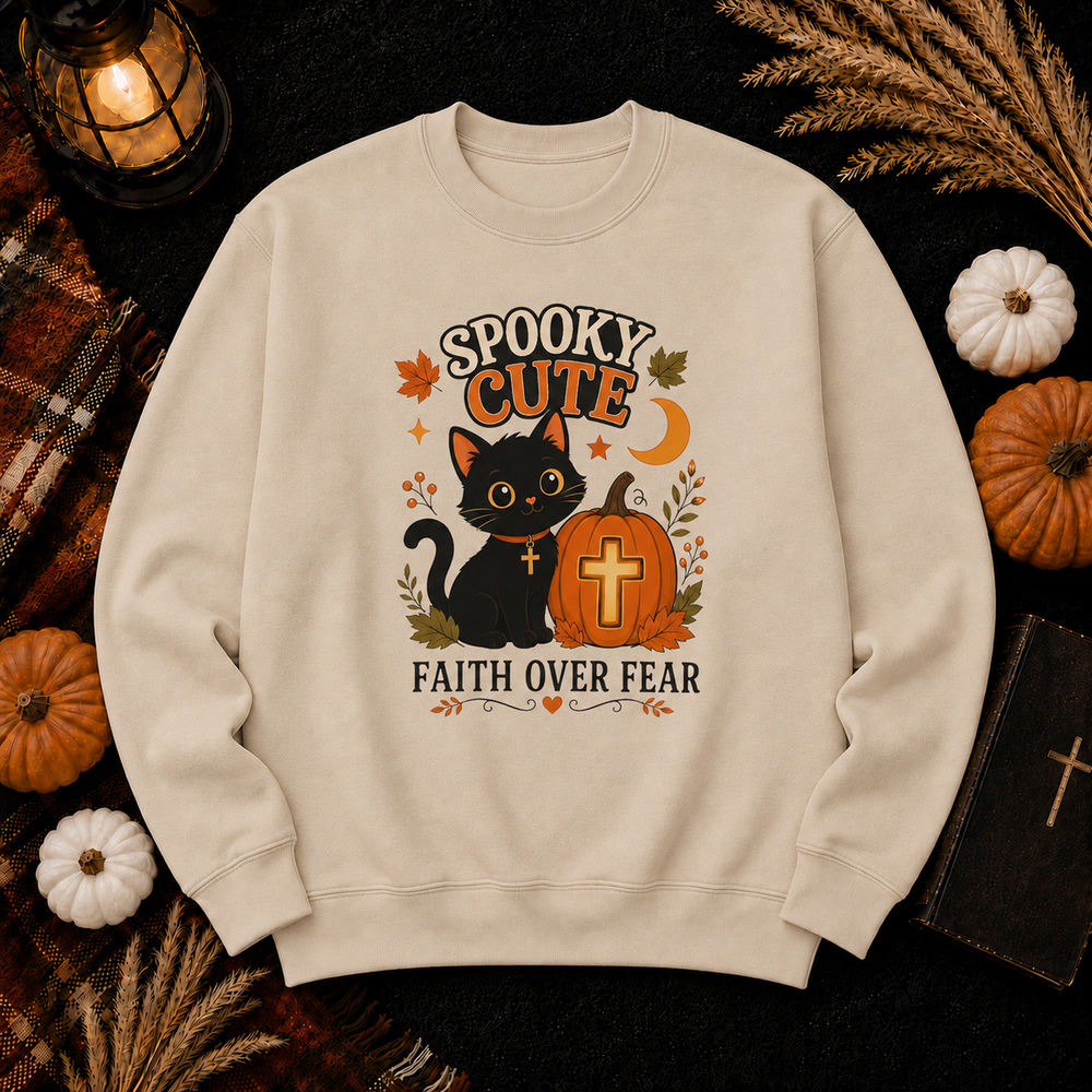 Spooky Cute Cat Crewneck Sweatshirt — "Faith Over Fear" Halloween Graphic