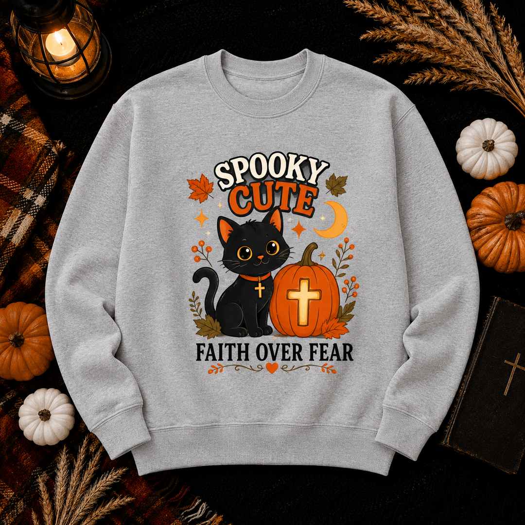 Spooky Cute Cat Crewneck Sweatshirt — "Faith Over Fear" Halloween Graphic