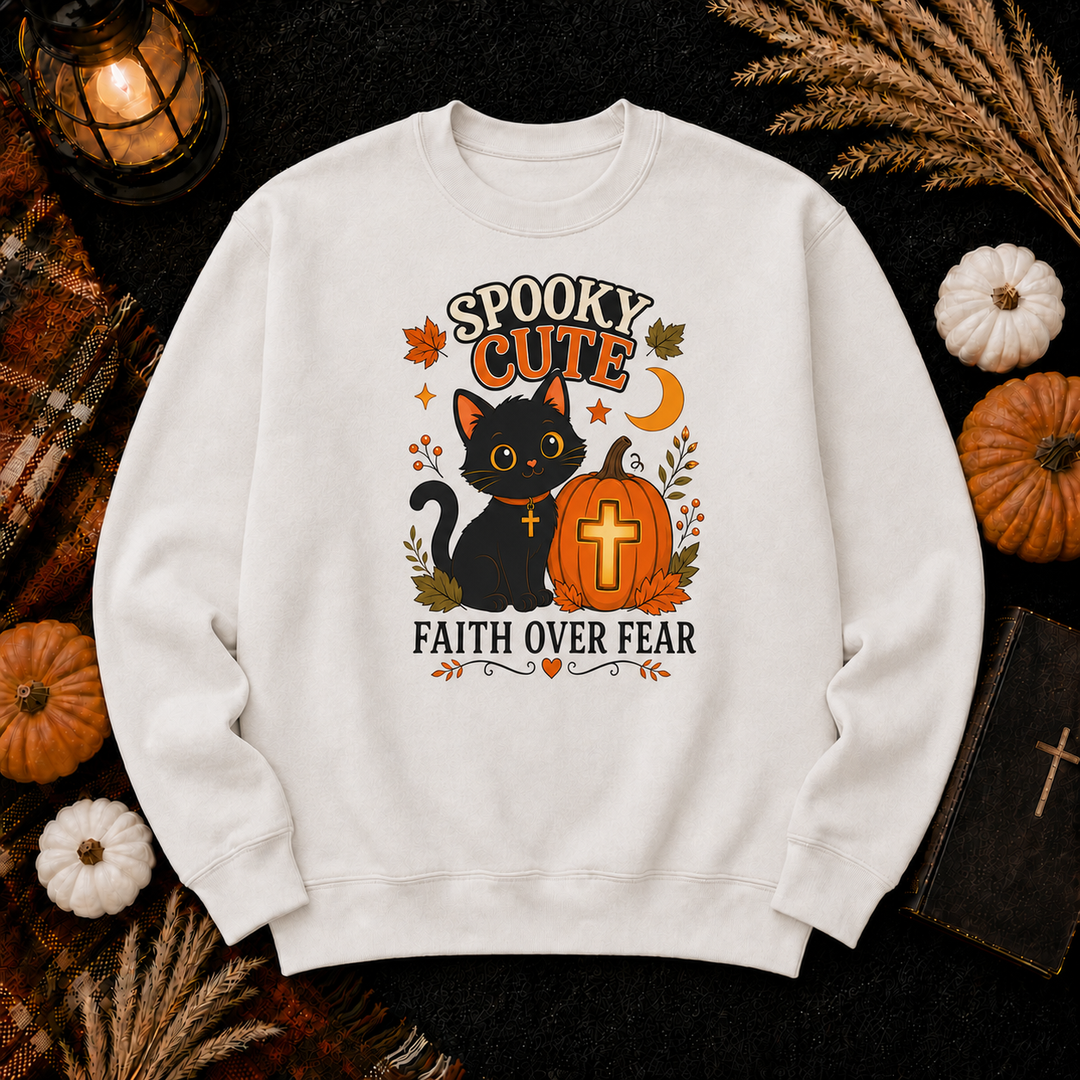 Spooky Cute Cat Crewneck Sweatshirt — "Faith Over Fear" Halloween Graphic