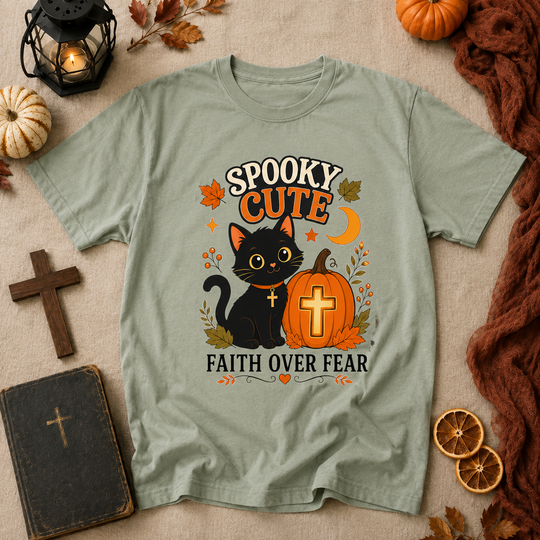 Spooky Cute Faith Tee — Black Cat & Pumpkin "Faith Over Fear" Halloween T-Shirt