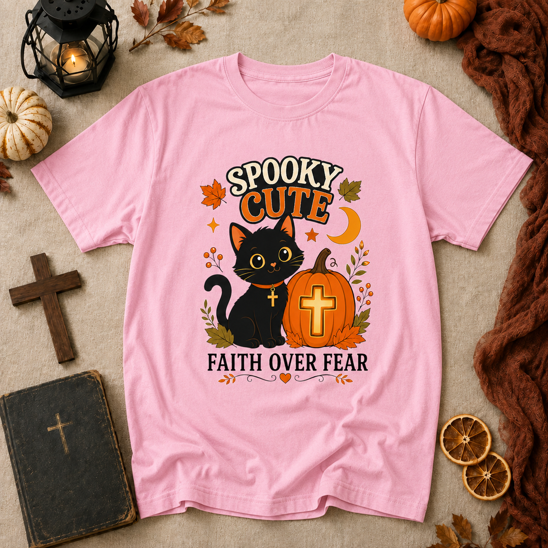 Spooky Cute Faith Tee — Black Cat & Pumpkin "Faith Over Fear" Halloween T-Shirt