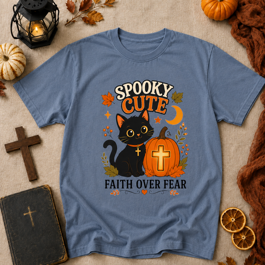 Spooky Cute Faith Tee — Black Cat & Pumpkin "Faith Over Fear" Halloween T-Shirt