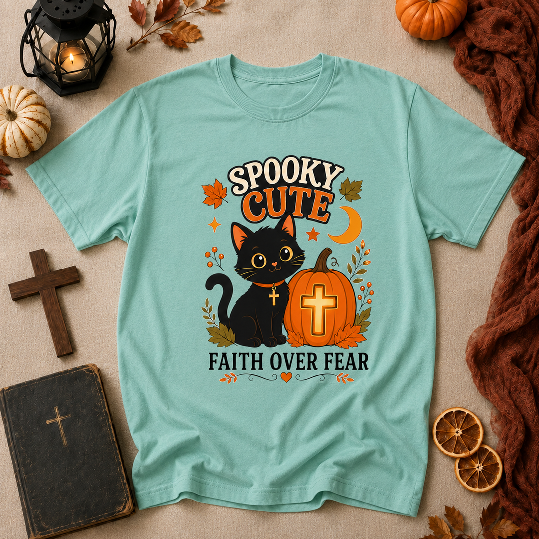 Spooky Cute Faith Tee — Black Cat & Pumpkin "Faith Over Fear" Halloween T-Shirt