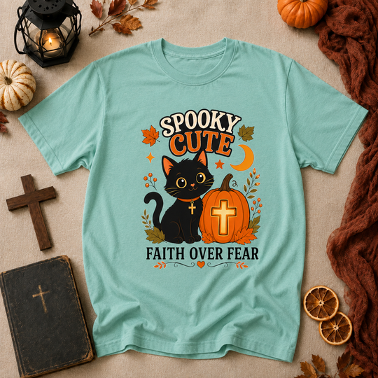 Spooky Cute Faith Tee — Black Cat & Pumpkin "Faith Over Fear" Halloween T-Shirt