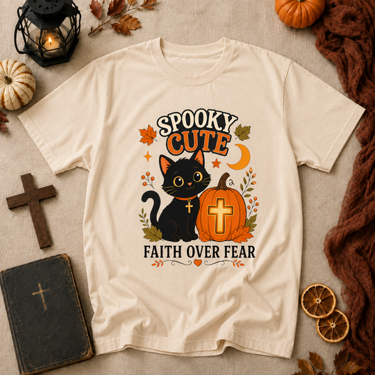 Spooky Cute Faith Tee — Black Cat & Pumpkin "Faith Over Fear" Halloween T-Shirt