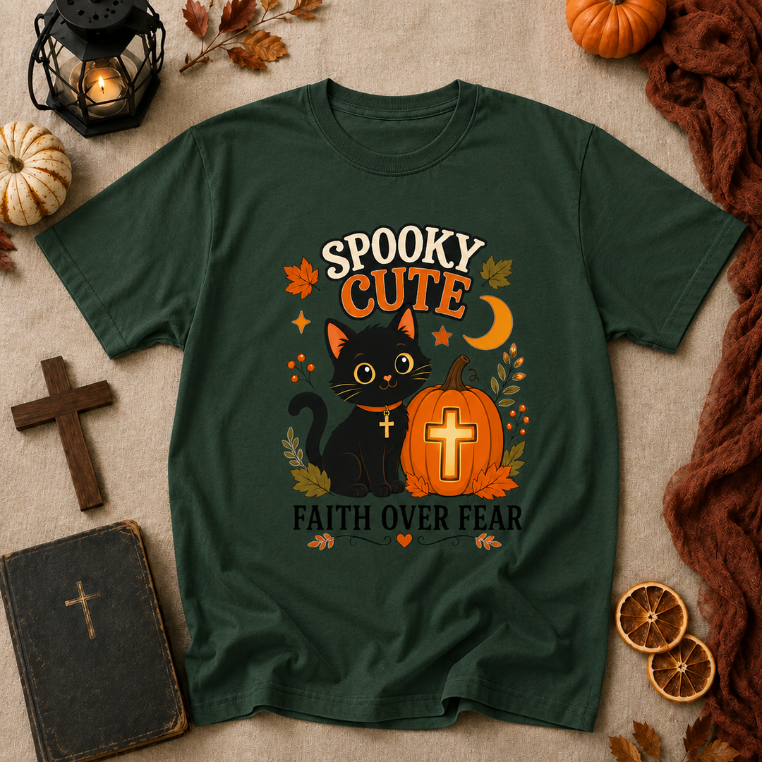 Spooky Cute Faith Tee — Black Cat & Pumpkin "Faith Over Fear" Halloween T-Shirt