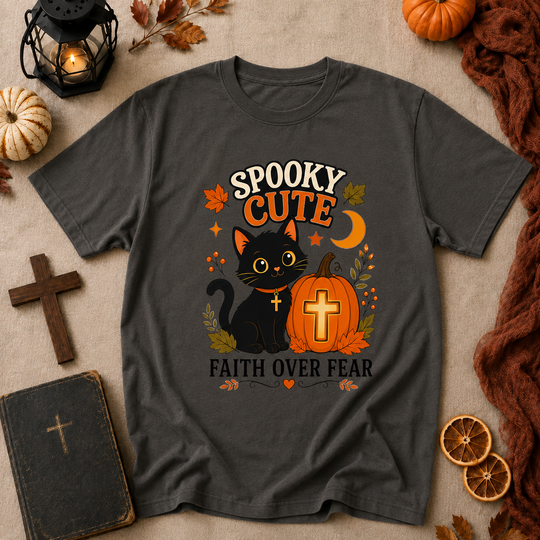 Spooky Cute Faith Tee — Black Cat & Pumpkin "Faith Over Fear" Halloween T-Shirt