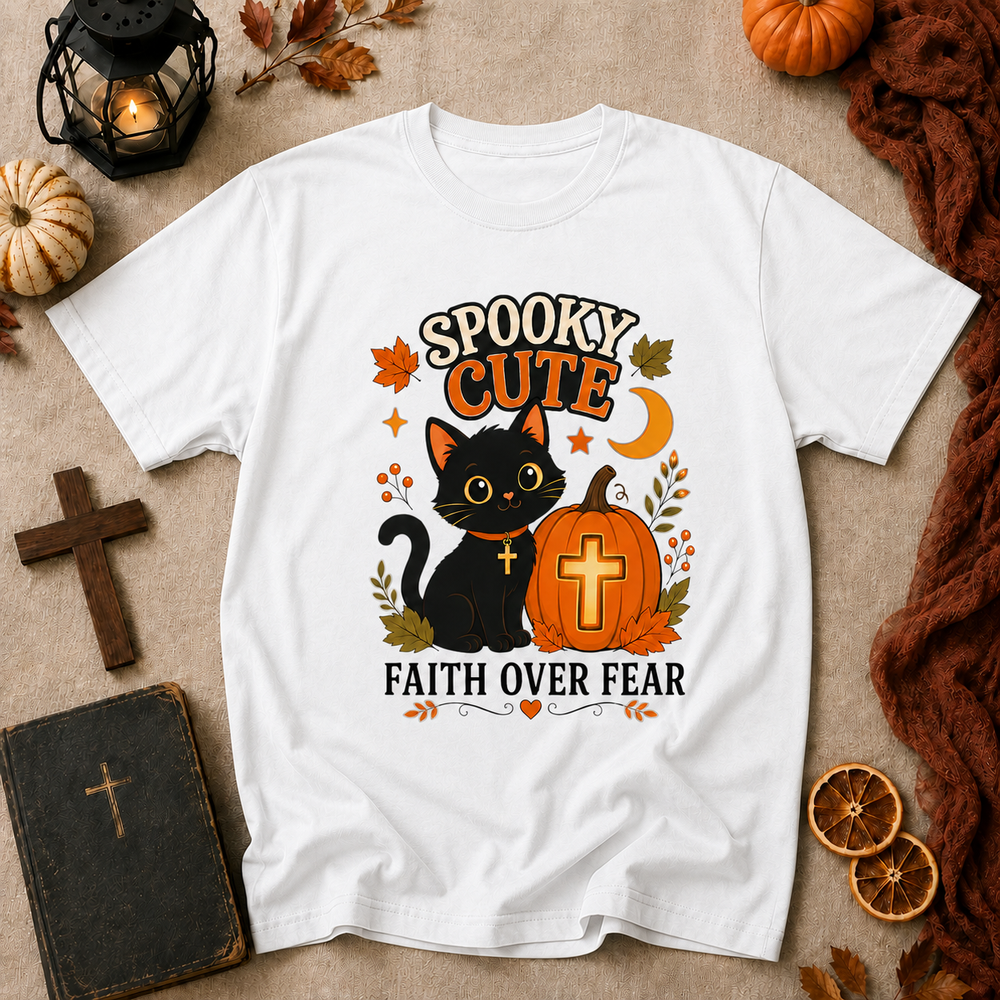 Spooky Cute Faith Tee — Black Cat & Pumpkin "Faith Over Fear" Halloween T-Shirt