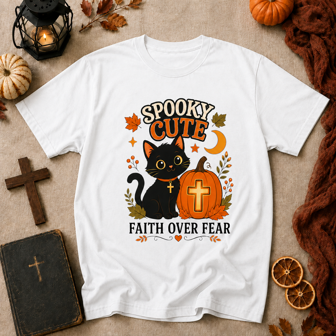 Spooky Cute Faith Tee — Black Cat & Pumpkin "Faith Over Fear" Halloween T-Shirt