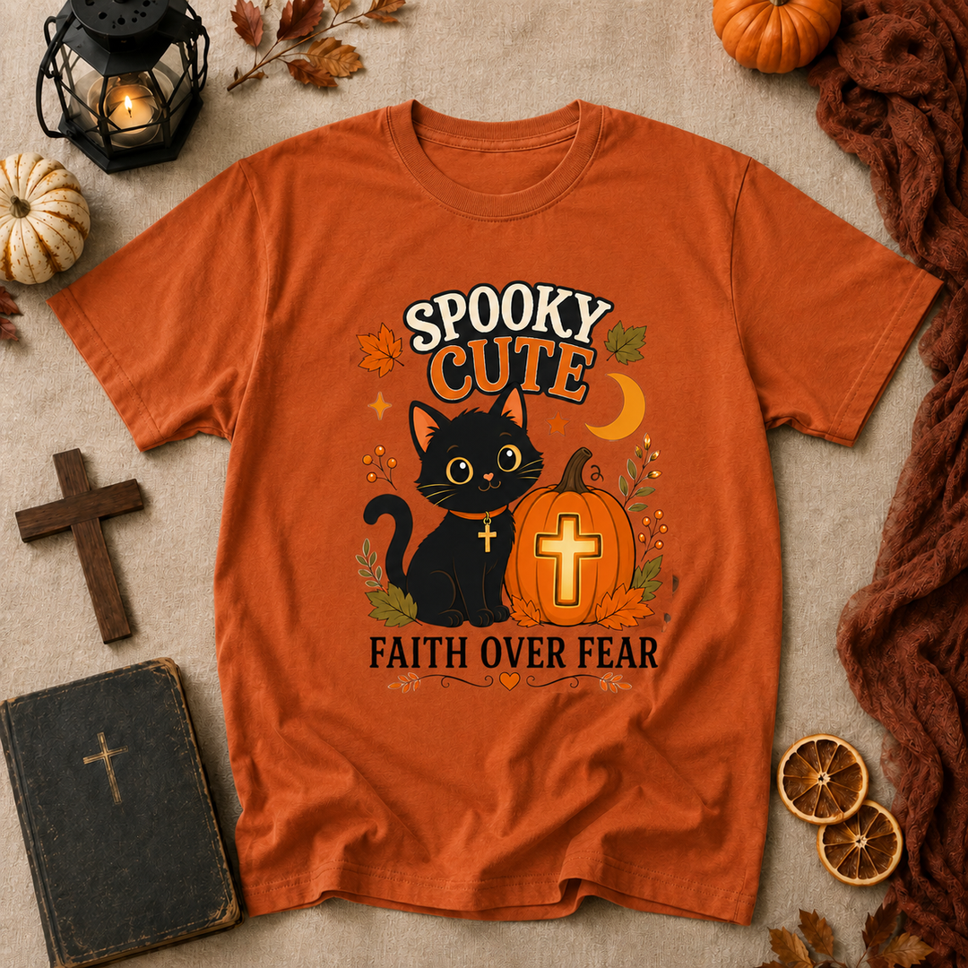 Spooky Cute Faith Tee — Black Cat & Pumpkin "Faith Over Fear" Halloween T-Shirt