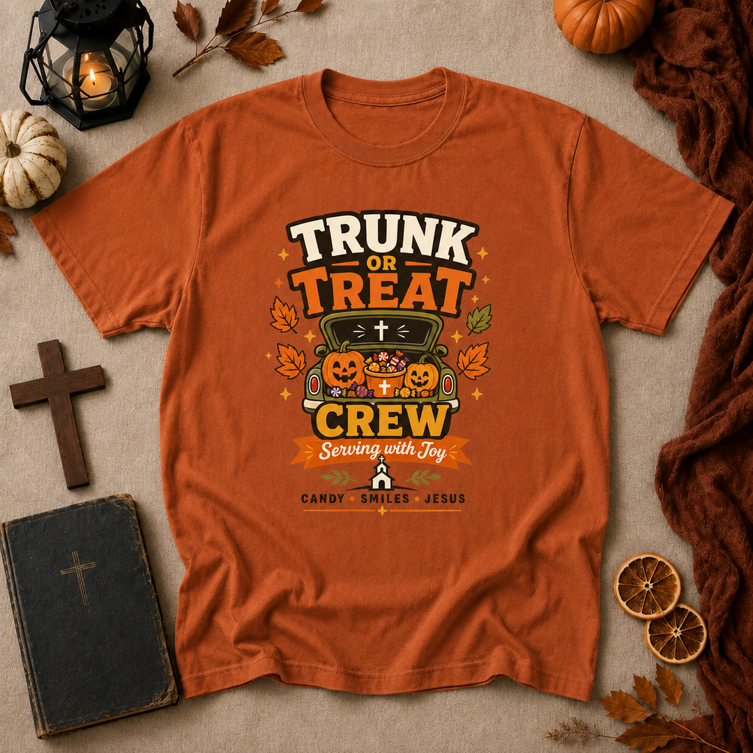 Trunk or Treat Crew Halloween T-Shirt — Serving with Joy (Candy • Smiles • Jesus)