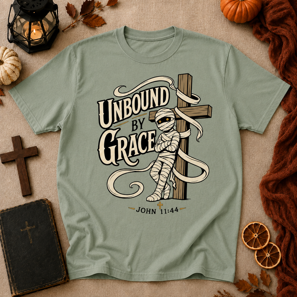 Unbound by Grace T-Shirt — Christian Faith Graphic Tee (John 11:44)