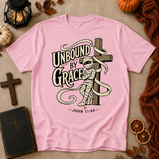 Unbound by Grace T-Shirt — Christian Faith Graphic Tee (John 11:44)