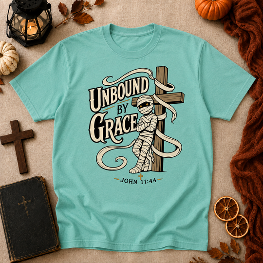 Unbound by Grace T-Shirt — Christian Faith Graphic Tee (John 11:44)