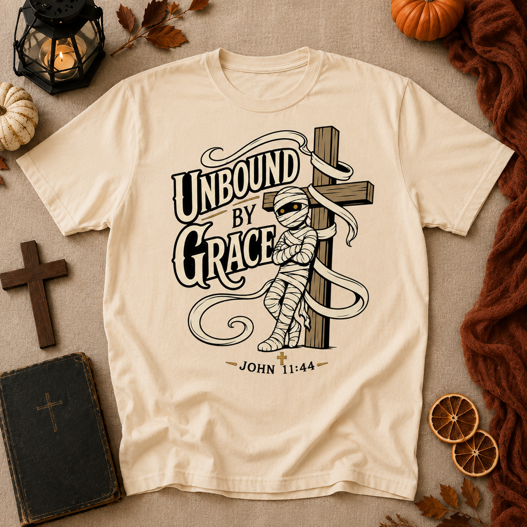 Unbound by Grace T-Shirt — Christian Faith Graphic Tee (John 11:44)