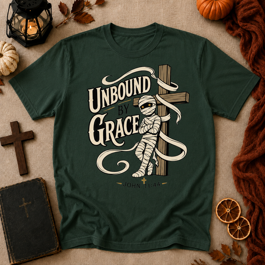 Unbound by Grace T-Shirt — Christian Faith Graphic Tee (John 11:44)