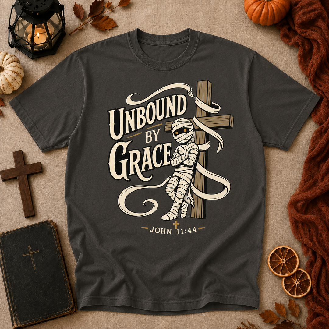 Unbound by Grace T-Shirt — Christian Faith Graphic Tee (John 11:44)