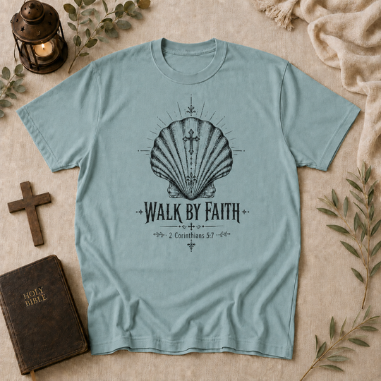 Walk by Faith Shell Tee — Christian Inspirational T-Shirt (2 Corinthians 5:7)
