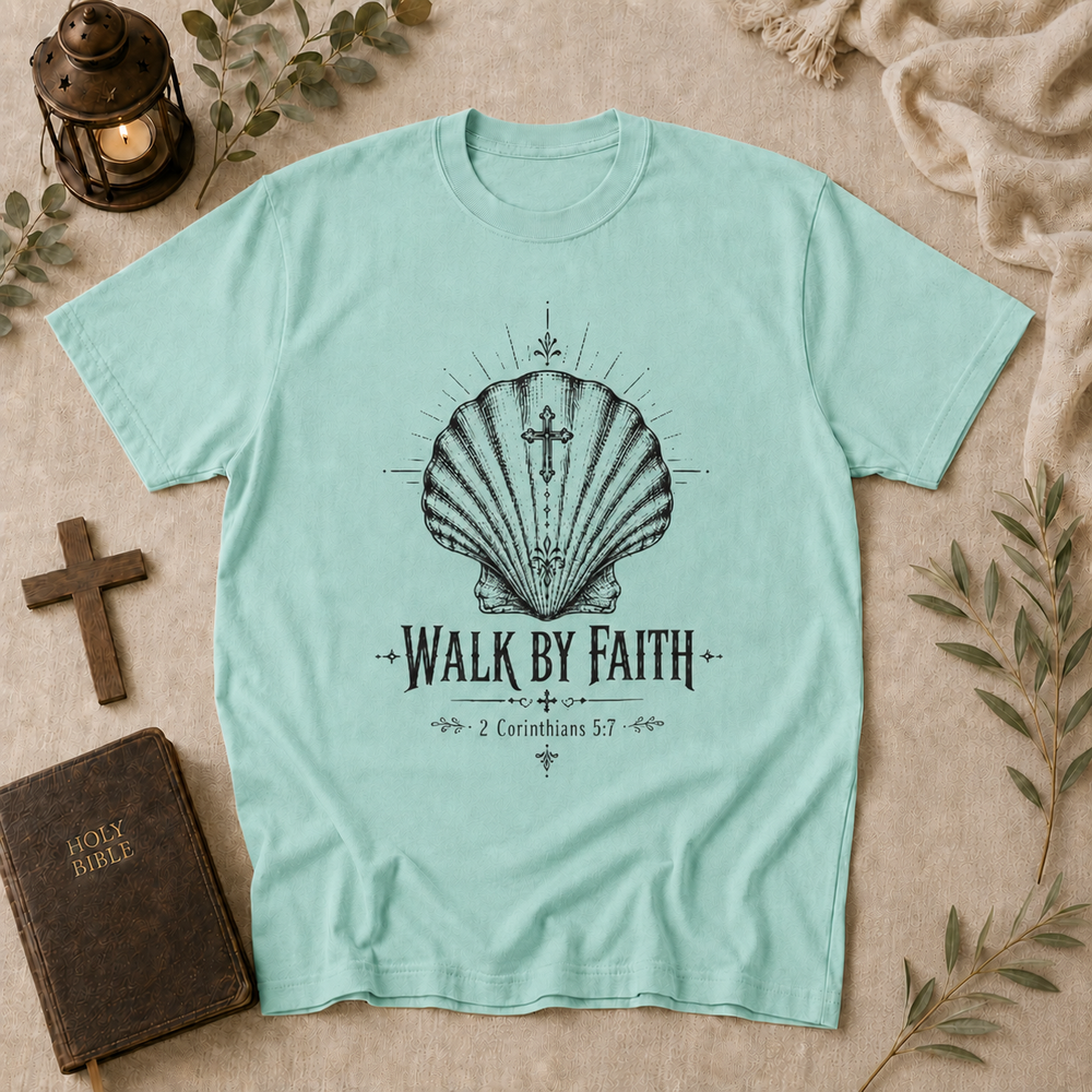 Walk by Faith Shell Tee — Christian Inspirational T-Shirt (2 Corinthians 5:7)