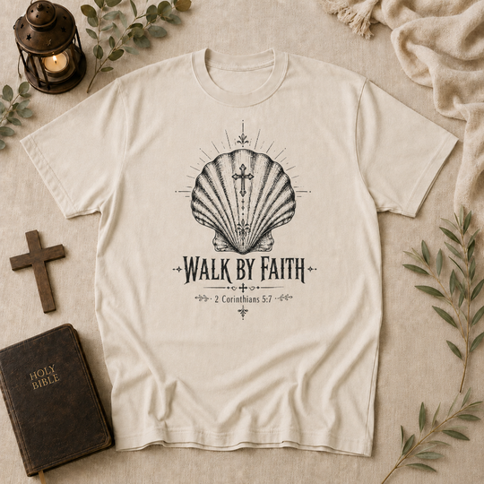 Walk by Faith Shell Tee — Christian Inspirational T-Shirt (2 Corinthians 5:7)