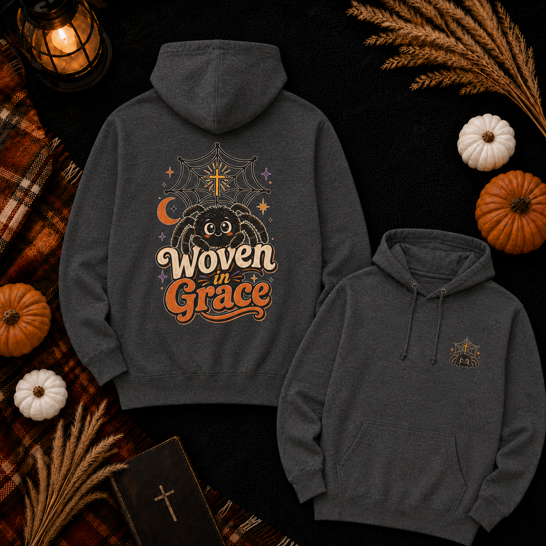 Woven Grace Spiderweb Hoodie — Vintage Halloween Spiritual Graphic Hoodie