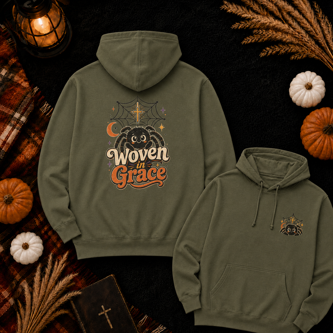 Woven Grace Spiderweb Hoodie — Vintage Halloween Spiritual Graphic Hoodie