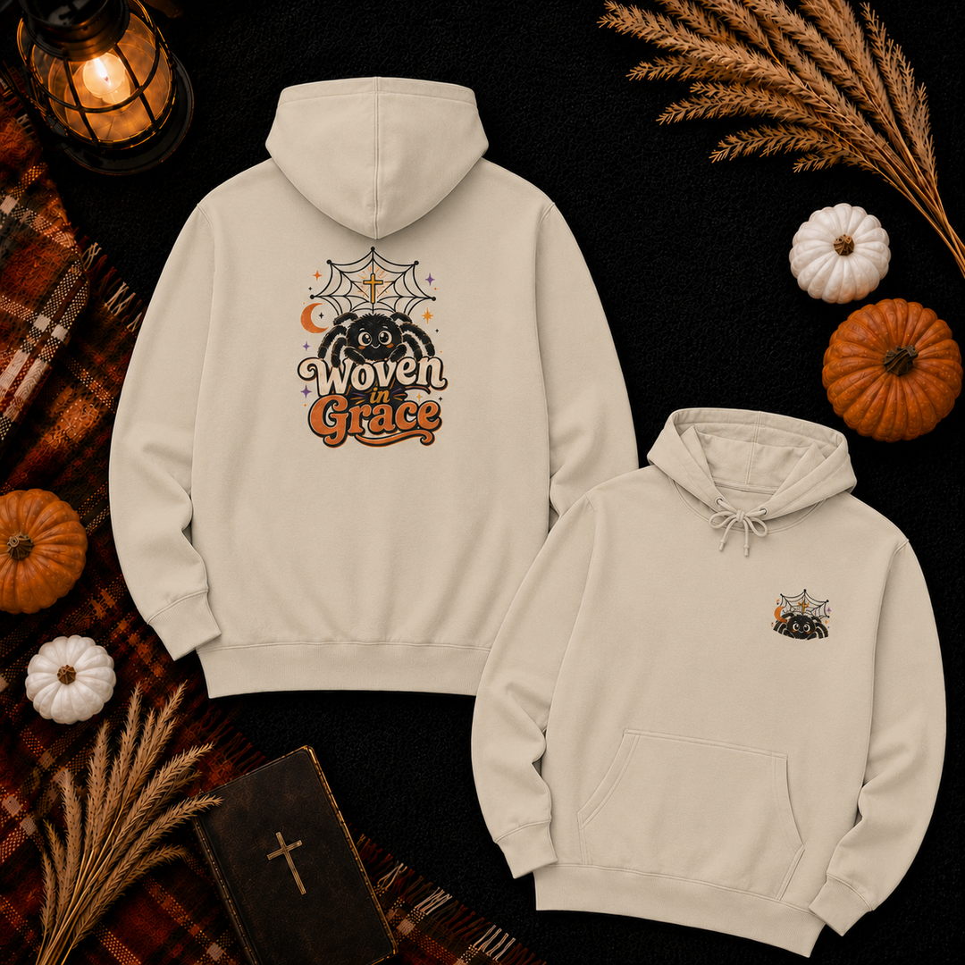 Woven Grace Spiderweb Hoodie — Vintage Halloween Spiritual Graphic Hoodie
