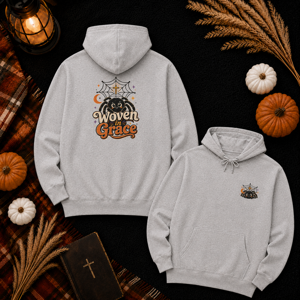 Woven Grace Spiderweb Hoodie — Vintage Halloween Spiritual Graphic Hoodie