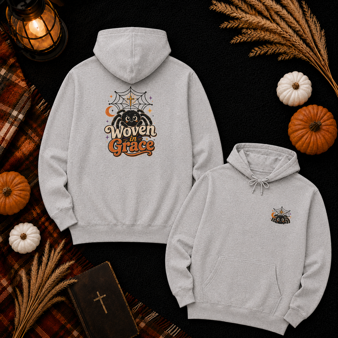 Woven Grace Spiderweb Hoodie — Vintage Halloween Spiritual Graphic Hoodie