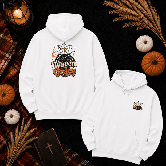 Woven Grace Spiderweb Hoodie — Vintage Halloween Spiritual Graphic Hoodie