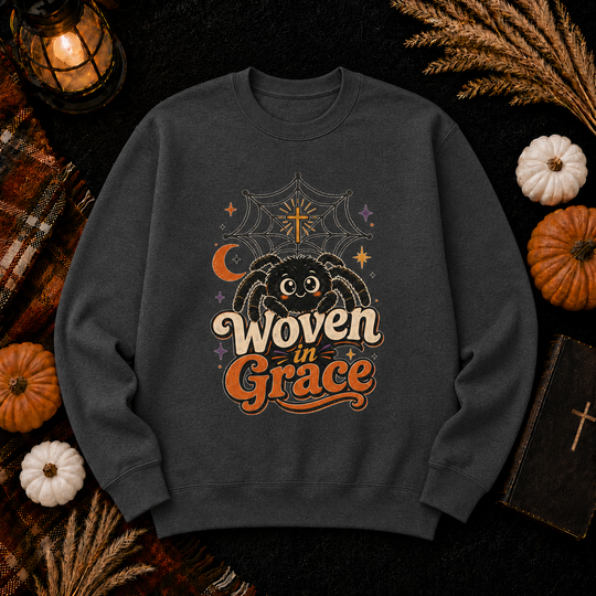Woven in Grace Sweatshirt — Cute Spider & Web Christian Halloween Crewneck