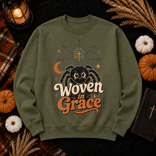 Woven in Grace Sweatshirt — Cute Spider & Web Christian Halloween Crewneck