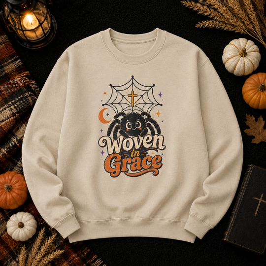Woven in Grace Sweatshirt — Cute Spider & Web Christian Halloween Crewneck