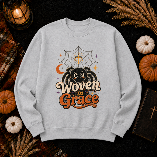 Woven in Grace Sweatshirt — Cute Spider & Web Christian Halloween Crewneck