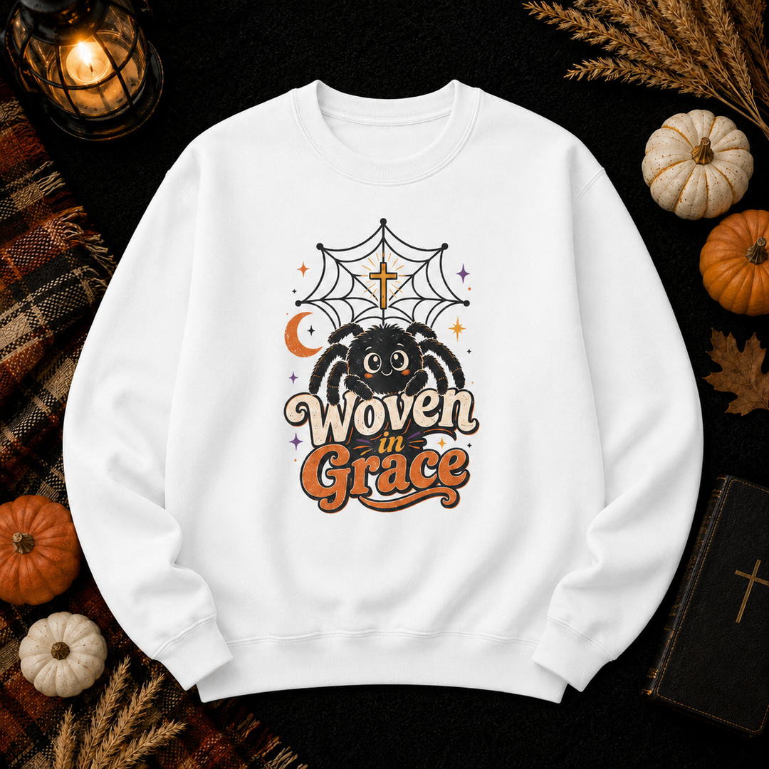 Woven in Grace Sweatshirt — Cute Spider & Web Christian Halloween Crewneck