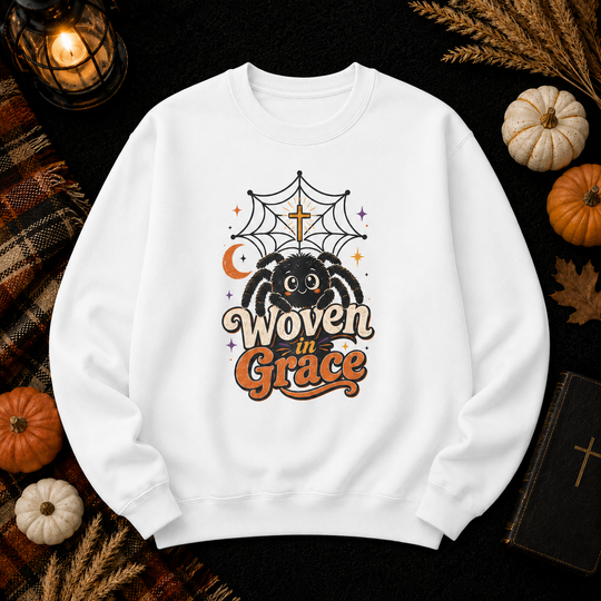 Woven in Grace Sweatshirt — Cute Spider & Web Christian Halloween Crewneck
